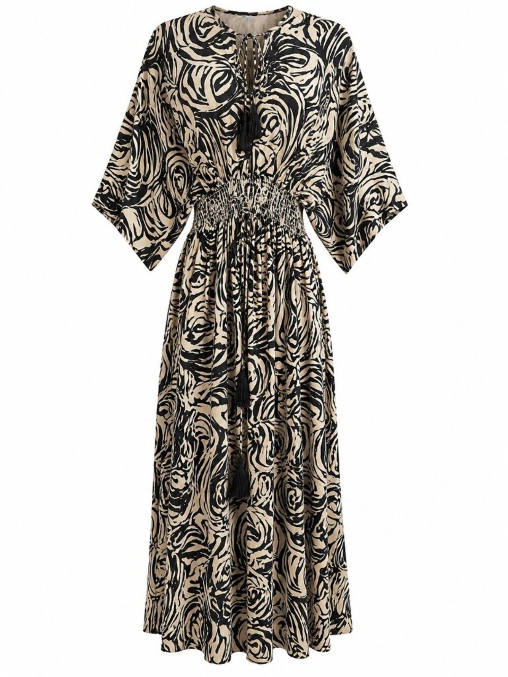 White Waves Black & Beige Abstract Print Maxi Dress L/XL 100% Art Silk
